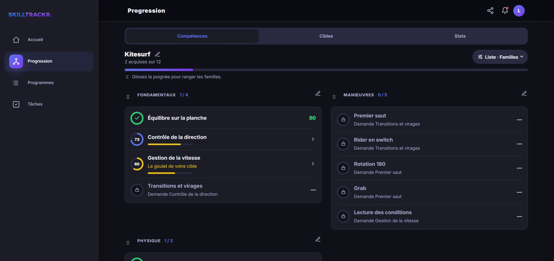 Écran Progression de l'application Skilltrackr sur ordinateur